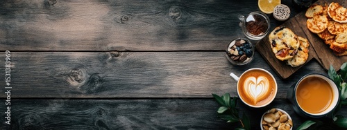 Dark wooden table with a breakfast spread of coffee, pastries, and tea.  A latte art heart design is visible on top of a cup of coffee