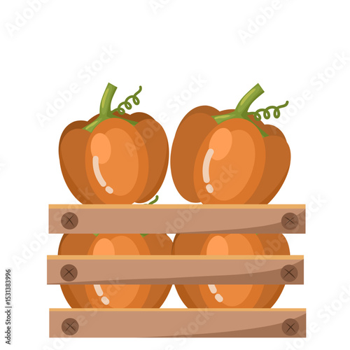 illustration of four orange pumpkins in a wooden vegetable box, cartoon vegetable design in a box