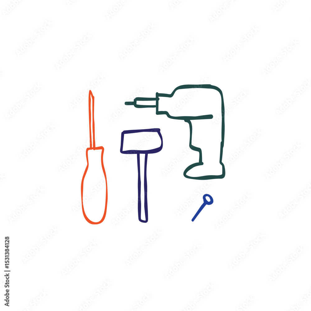 Simple line art of screwdriver, hammer, drill, and nail on white background Simple line art of screwdriver, hammer, drill, and nail on white background