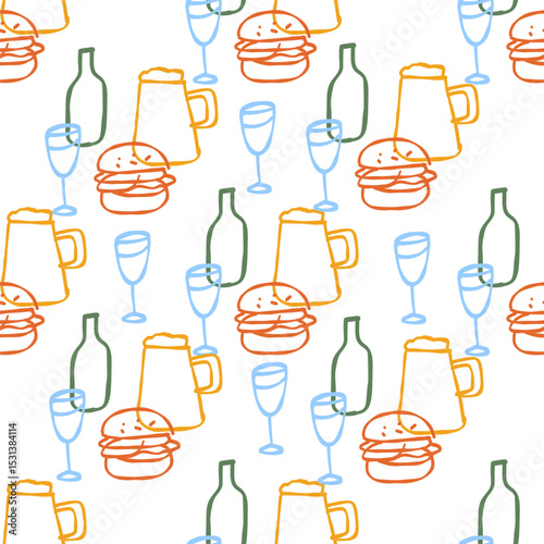 Colorful seamless pattern of burgers, beer mugs, wine bottles, and glasses