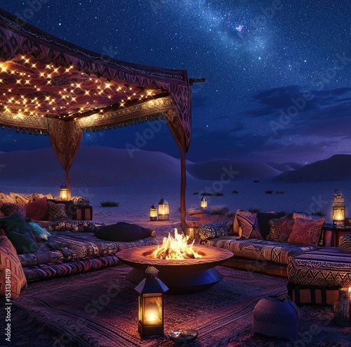 Desert night encampment under a starry sky