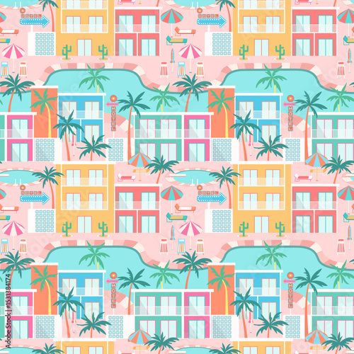 Tropical hotel scene seamless pattern. Colorful poolside resort landscape with palm trees, sun loungers, parasols, motel buildings, turquoise pool, retro motel signs in mid-century modern style
