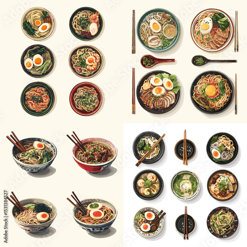 Top view and side view illustrations of delicious Japanese ramen bowls with eggs, noodles, chopsticks, and toppings. Perfect for food menu, culinary blog, or restaurant branding.

