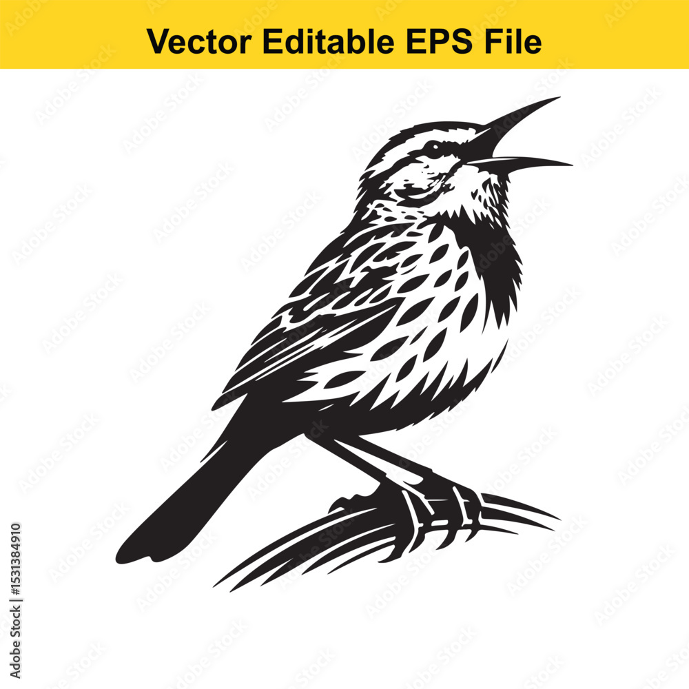 Obraz premium Striking Bird Silhouette A Meadowlark Singing with Beak Open on Grass Blades in Black and White Vector Design