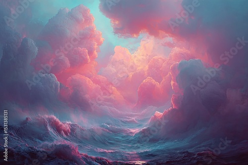 A vibrant, dreamlike landscape of swirling, pastel clouds