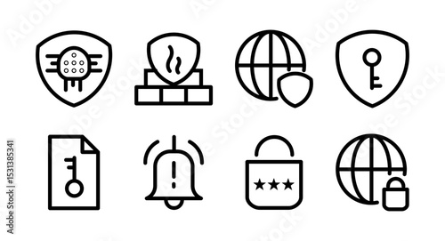 Cybersecurity & Privacy Line Icon Set — Firewall, VPN, Encryption, Password, Secure, Malware, Alerts, and More. Editable stroke. Change to any size and any color.
