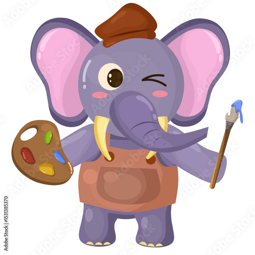 illustration of a cute purple elephant in a painter's uniform, wearing a hat and holding a color pallet and brush in his hand