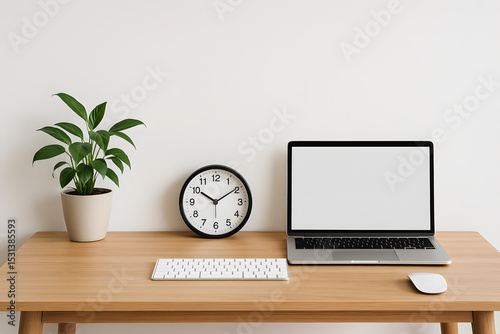 Workspace Setup with Laptop, Clock, and Plant on a Wooden Desk, a Productive and Organized Work Environment photo