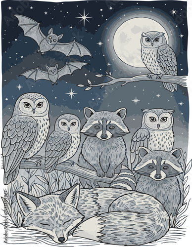 Adorable illustration of nocturnal animals featuring owls raccoons bats fox moon and stars