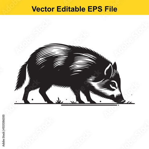 A Monochrome Illustration of a Javelina Foraging in its Native Environment with Vector Editable EPS File Indicator