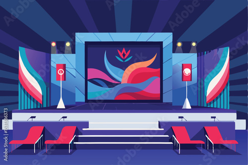 Stage design for conference presentation with chairs microphones and modern graphic backdrop
