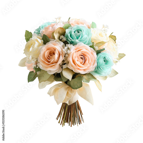 Pastel Silk Flower Bouquet Wrapped in Linen on Transparent Background