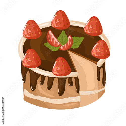 Illustration of strawberry chocolate cake with cream topping and whole fruit, partially sliced cake design