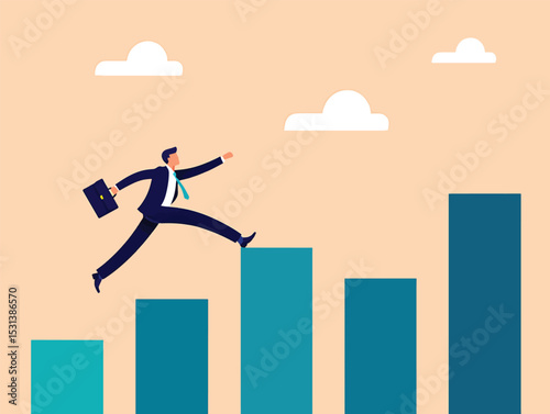 Businessman Jumping Over Barriers to Achieve Success Vector Illustration