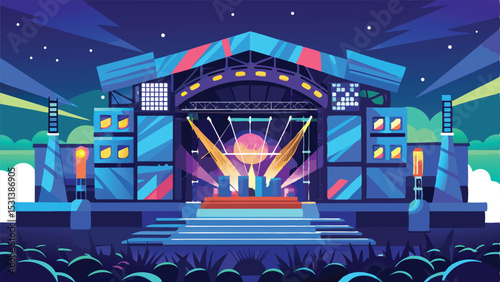 Vector illustration of a concert stage lit with bright lights at night time.