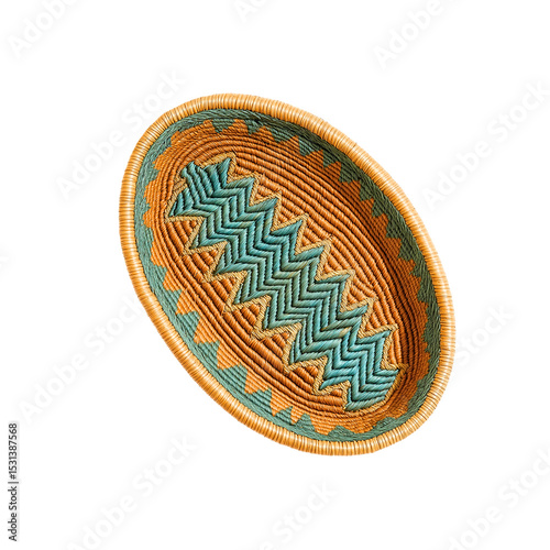 Elongated Oval Wall Basket with Burnt Sienna and Teal Zigzag Motifs