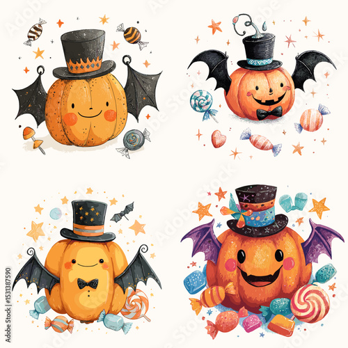 Cute Halloween pumpkins with bat wings, candy, and top hats in watercolor style. Perfect for spooky yet fun seasonal designs, party invites, and kids' products.


