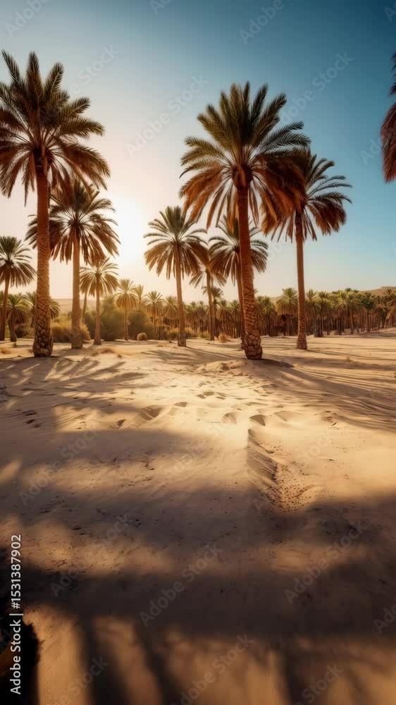 Palm trees in a desert landscape with warm light casting long shadows on the sand dunes in the afternoon Palm trees in a desert landscape with warm light casting long shadows on the sand dunes in the afternoon