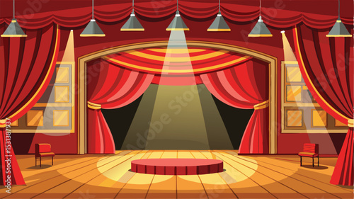 Vector illustration of a theatrical stage with red curtains and spotlights ready for performance