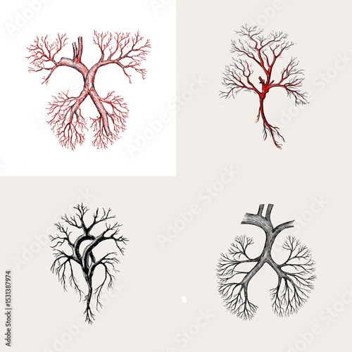 Detailed artistic illustrations of human lungs with tree branch structures. Creative blend of anatomy and nature concept in medical or environmental themes.

