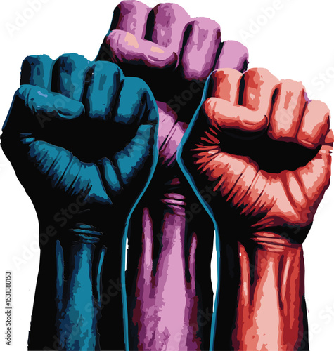 Colorful vector illustration of three fists raised in solidarity and showing power
