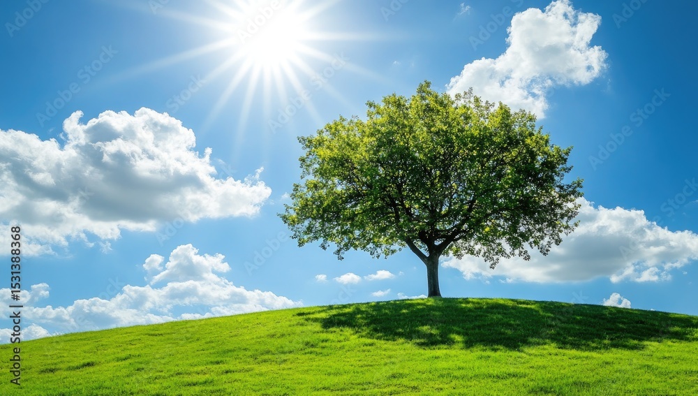 Obraz premium Sunny day, solitary tree on a grassy hill