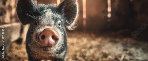 The adorable piglet enjoying its cozy barn environment in soft lighting.