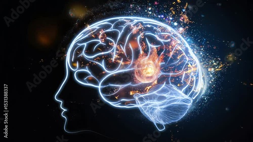 The silhouette of a head showcases a glowing brain, symbolizing innovative thinking and intelligence.