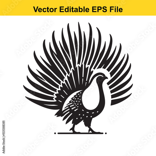 Elegant Silhouette of a Bird with Elaborate Feather Display Vector Illustration Striking Black and White Design Symbolizing Beauty and Nature