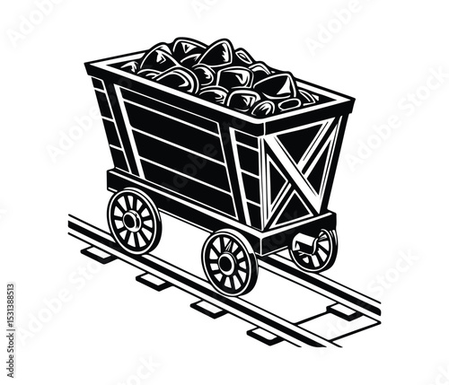 Black Coal Mining Cart Vector Silhouette Clipart, Vintage Mining Trolley, Mine Cart Filled, Industrial Mining Cart on Tracks Silhouette Graphic, Mining Cart Logo, Mining Icon.