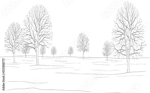 Hand drawn winter landscape with trees in a field artistic black and white illustration