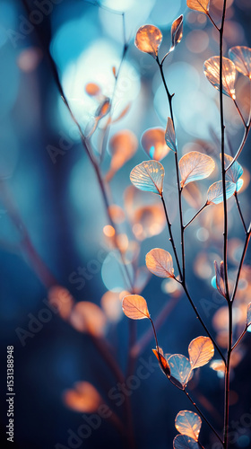 Close-up of autumn leaves on delicate branches. Soft bokeh background with teal and copper hues. Atmospheric nature photography capturing seasonal transition and tranquil forest mood.