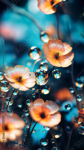 Close-up of delicate orange-pink flowers with dew drops. Glowing bubbles suspended in vibrant teal-blue background. Macro floral photography capturing natural beauty and detail.