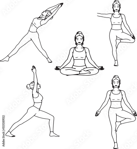 Vector illustration of yoga poses depicting meditation and various stretching exercises for wellness