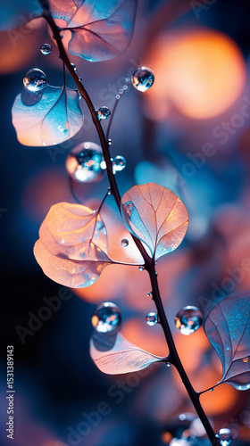 Macro shot of delicate leaves and water droplets. Abstract nature close-up with glowing blue and peach lighting. Dreamlike colors and tranquil minimalist composition.