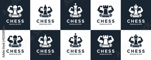 Set Collections of Chess Pieces with Muscle Double Biceps and Gym Equipment. Unique Vector of Wellness and Fitness.