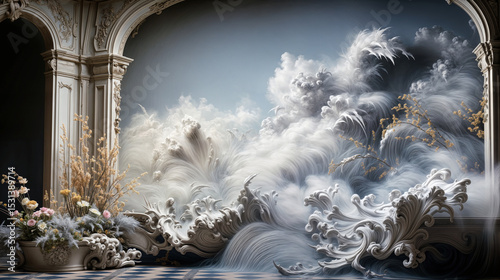 Baroque room transformed by surreal swirling waves. Ornamental ocean clouds crash in elegant palace setting. Dreamlike fantasy interior with sculptural fluid forms and pastel florals.