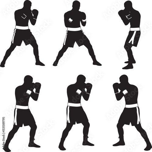 Boxing Silhouette Collection Vector White Color Background