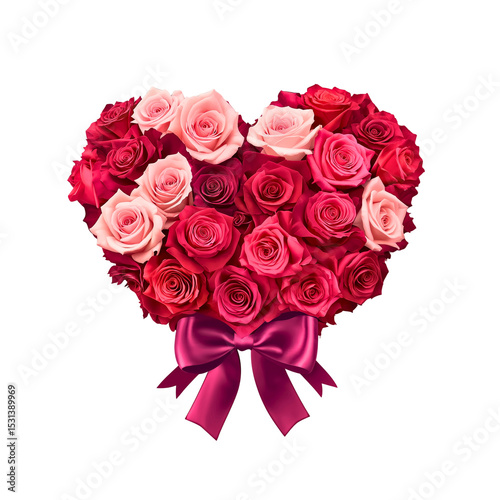 Elegant heart-shaped rose bouquet in gradient tones of red and pink, 