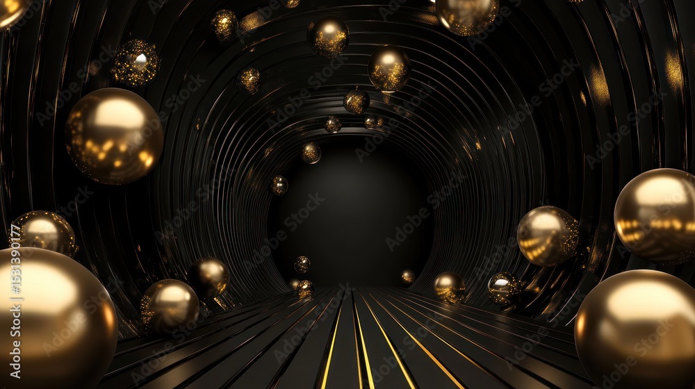 Obraz premium Black tunnel with gold spheres