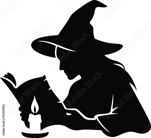 A silhouette of a witch reading a spellbook with a candle providing light in a dark setting scene