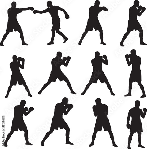 Boxing Silhouette Collection Vector White Color Background
