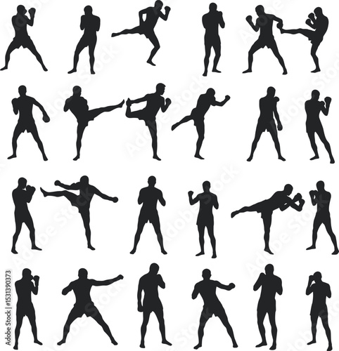Boxing Silhouette Collection Vector White Color Background