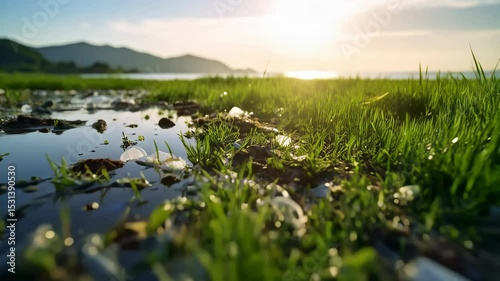 Coastal pollution showing plastic debris and waste washed up on shoreline with green grass and horizon in background