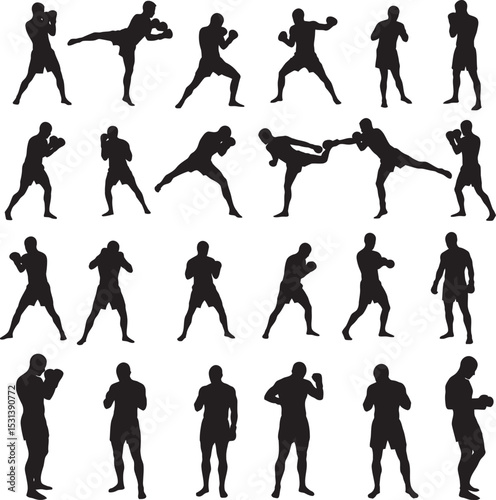 Boxing Silhouette Collection Vector White Color Background