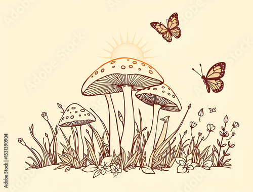 Vintage line art illustration of whimsical mushrooms, grass, leaves, and butterflies under a radiant sun. Warm golden sepia-toned botanical drawing with a playful and natural style on a beige backgrou