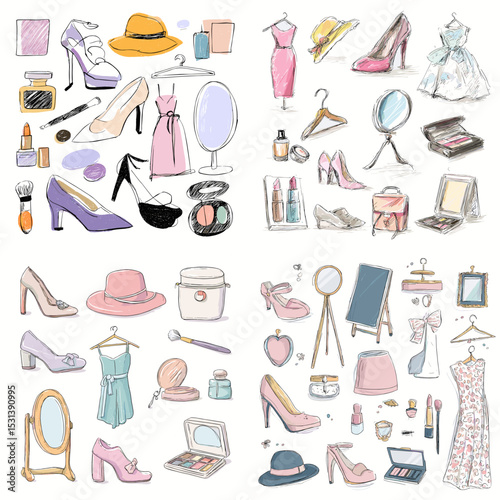 Hand-drawn illustration of women's fashion and beauty accessories including dresses, heels, makeup, and mirrors. Perfect for feminine lifestyle and beauty content.

