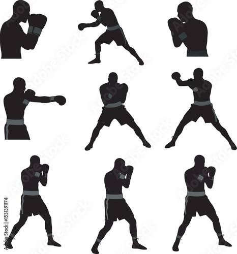 Boxing Silhouette Collection Vector White Color Background