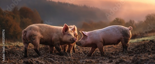 The pigs interacting playfully in a serene countryside sunset scene.