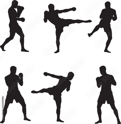 Boxing Silhouette Collection Vector White Color Background